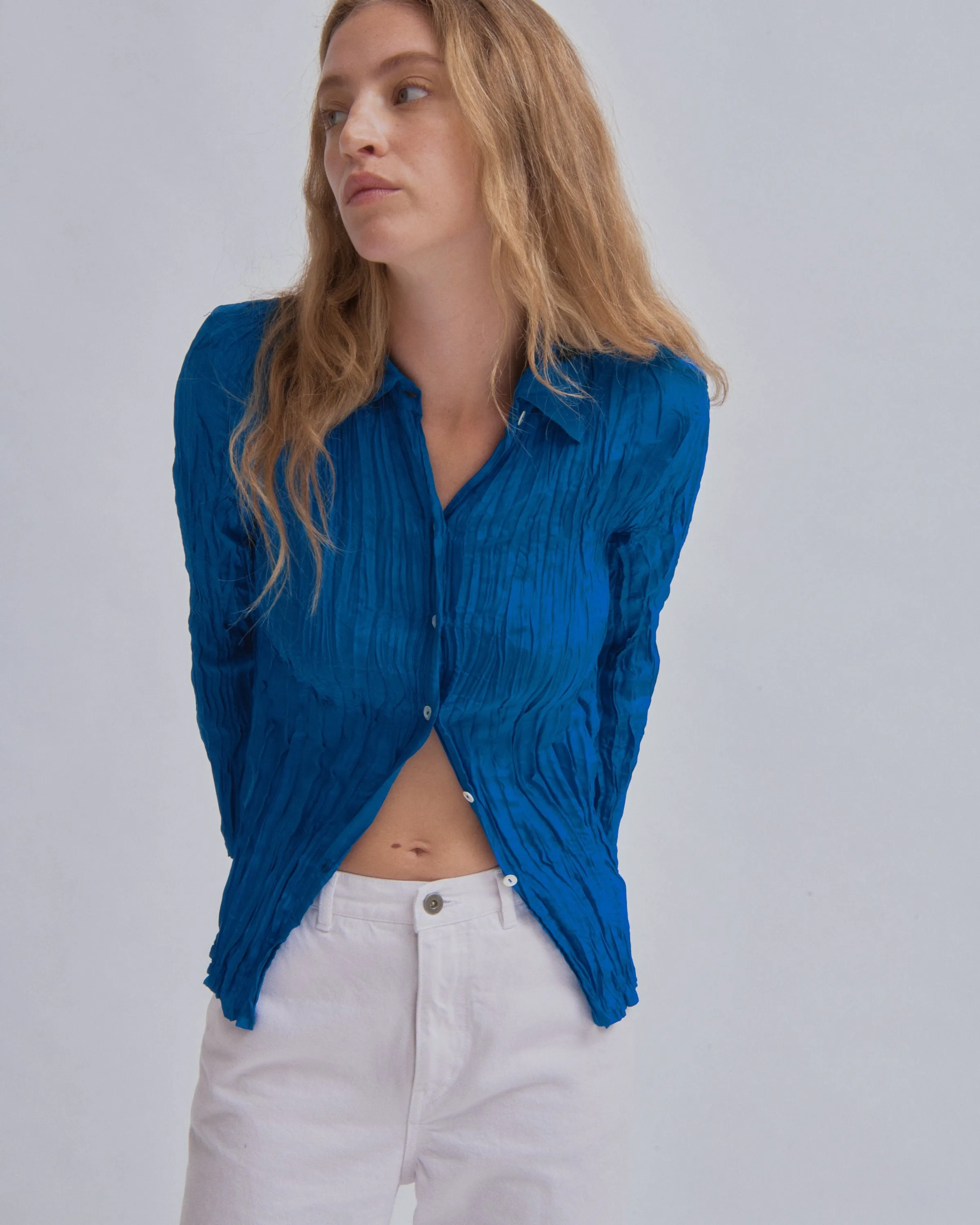 Hand Pleated Shirt in Cerulean