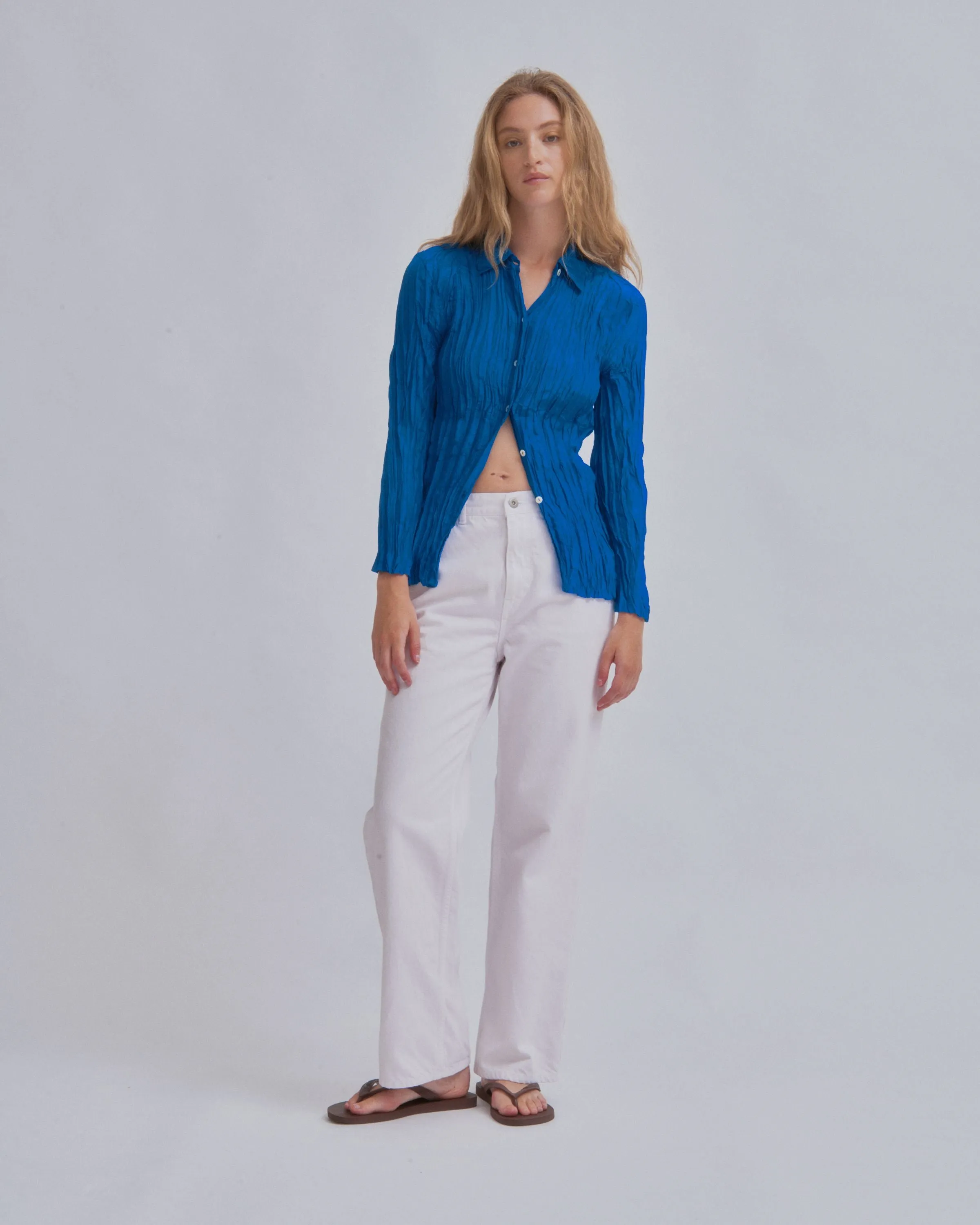 Hand Pleated Shirt in Cerulean