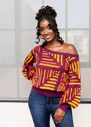 Hiba Women's African Print Sweater (Plum Gold Tribal)