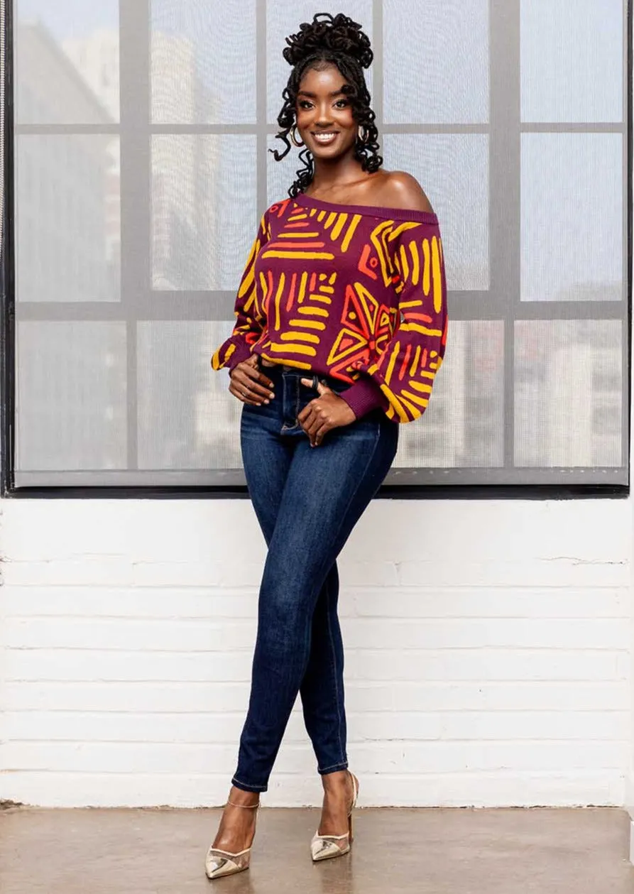 Hiba Women's African Print Sweater (Plum Gold Tribal)
