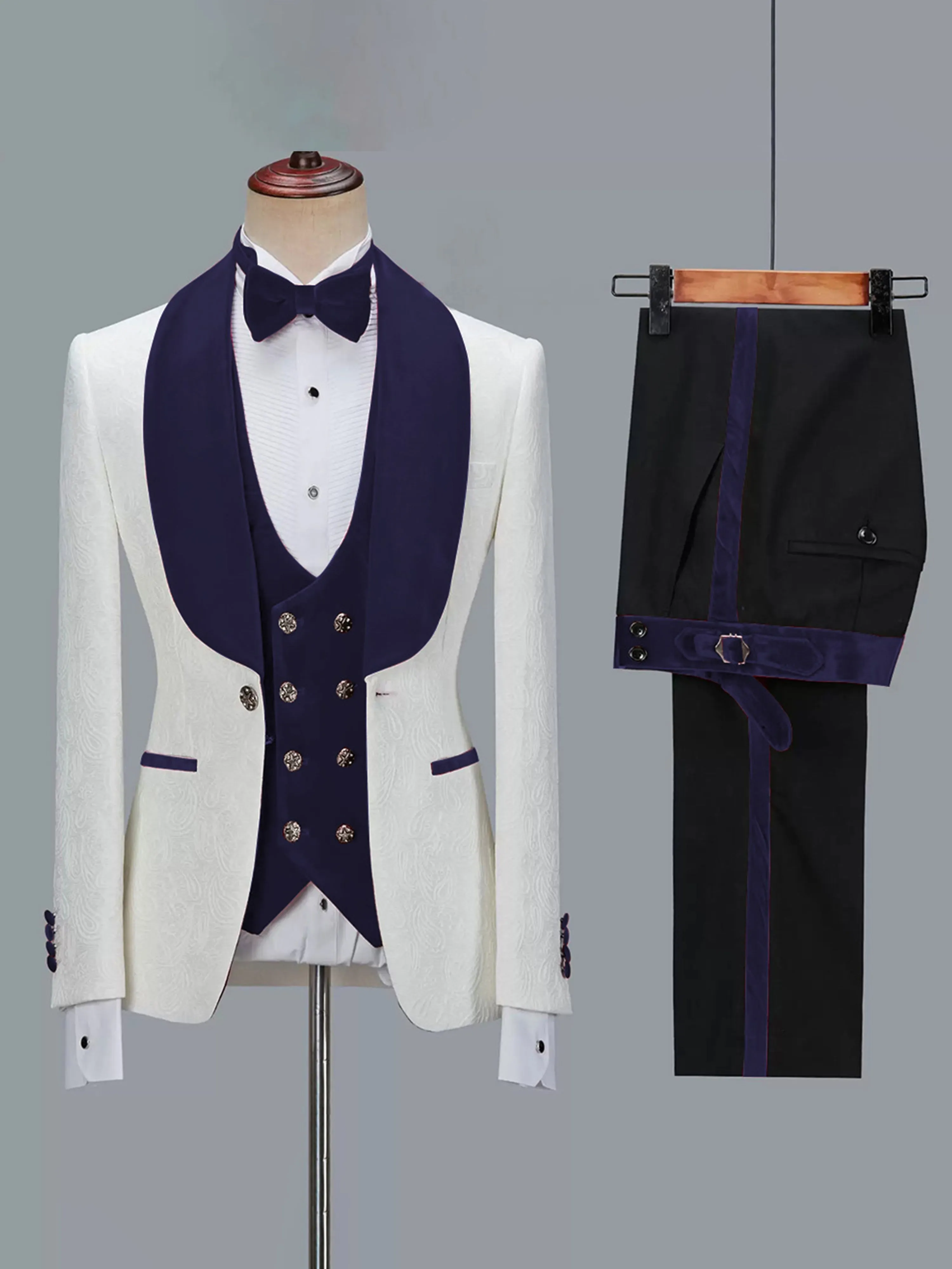 Hot sale 3 Piece Men's Jacquard Suit with Shawl Collar