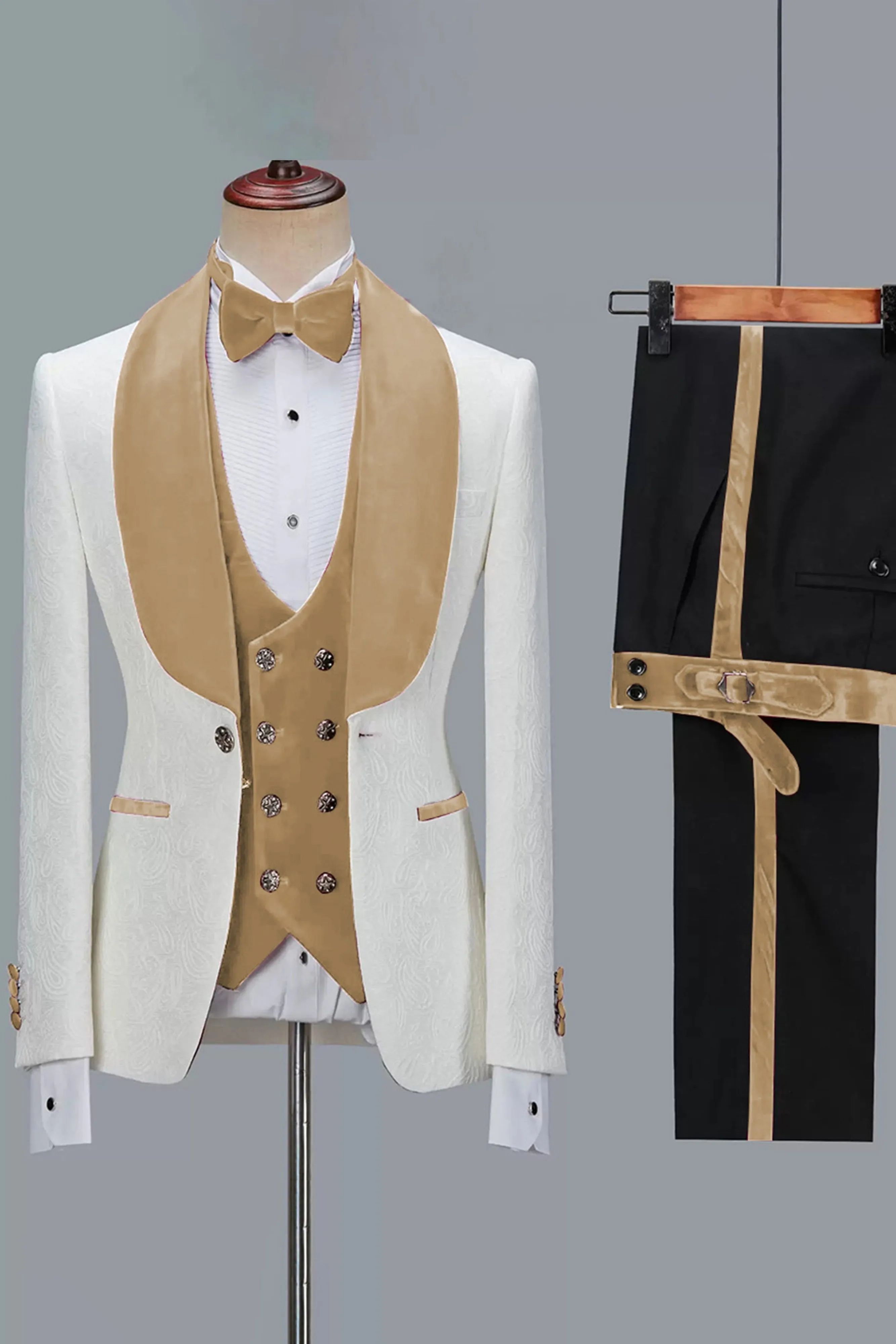 Hot sale 3 Piece Men's Jacquard Suit with Shawl Collar