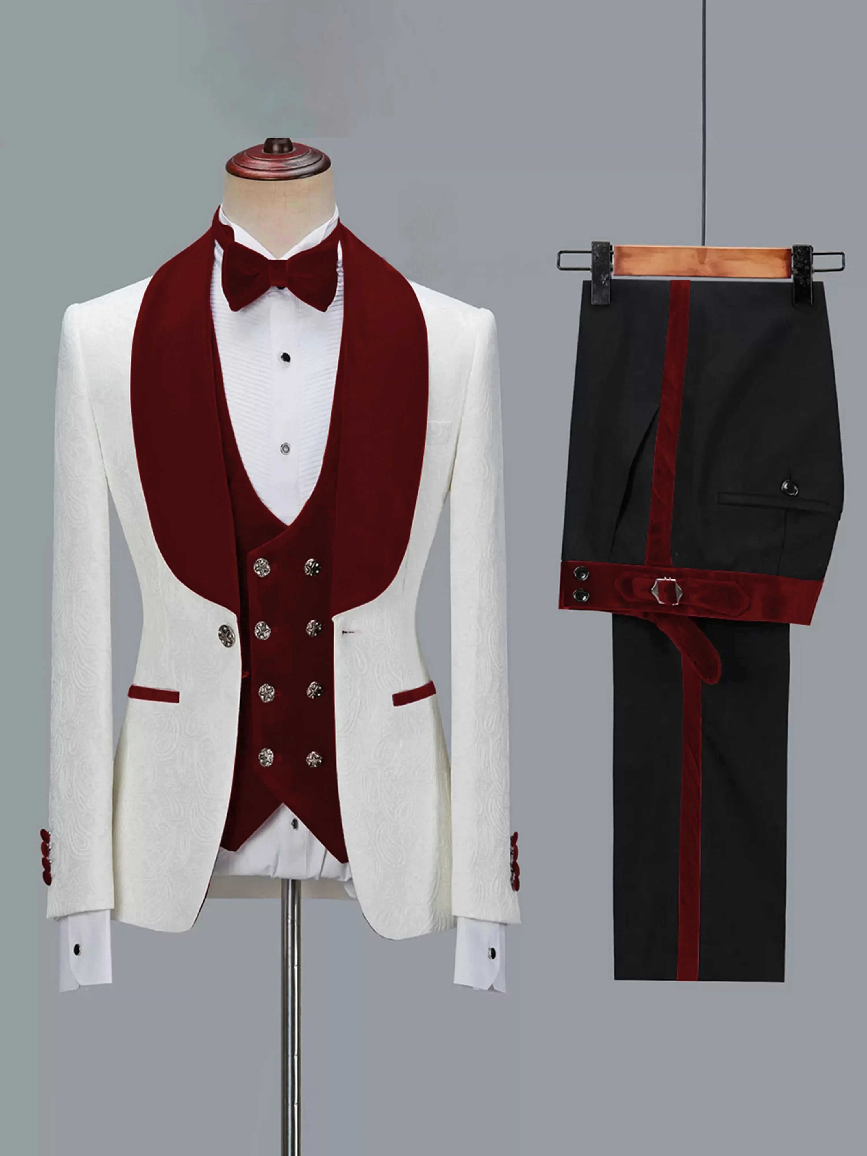 Hot sale 3 Piece Men's Jacquard Suit with Shawl Collar
