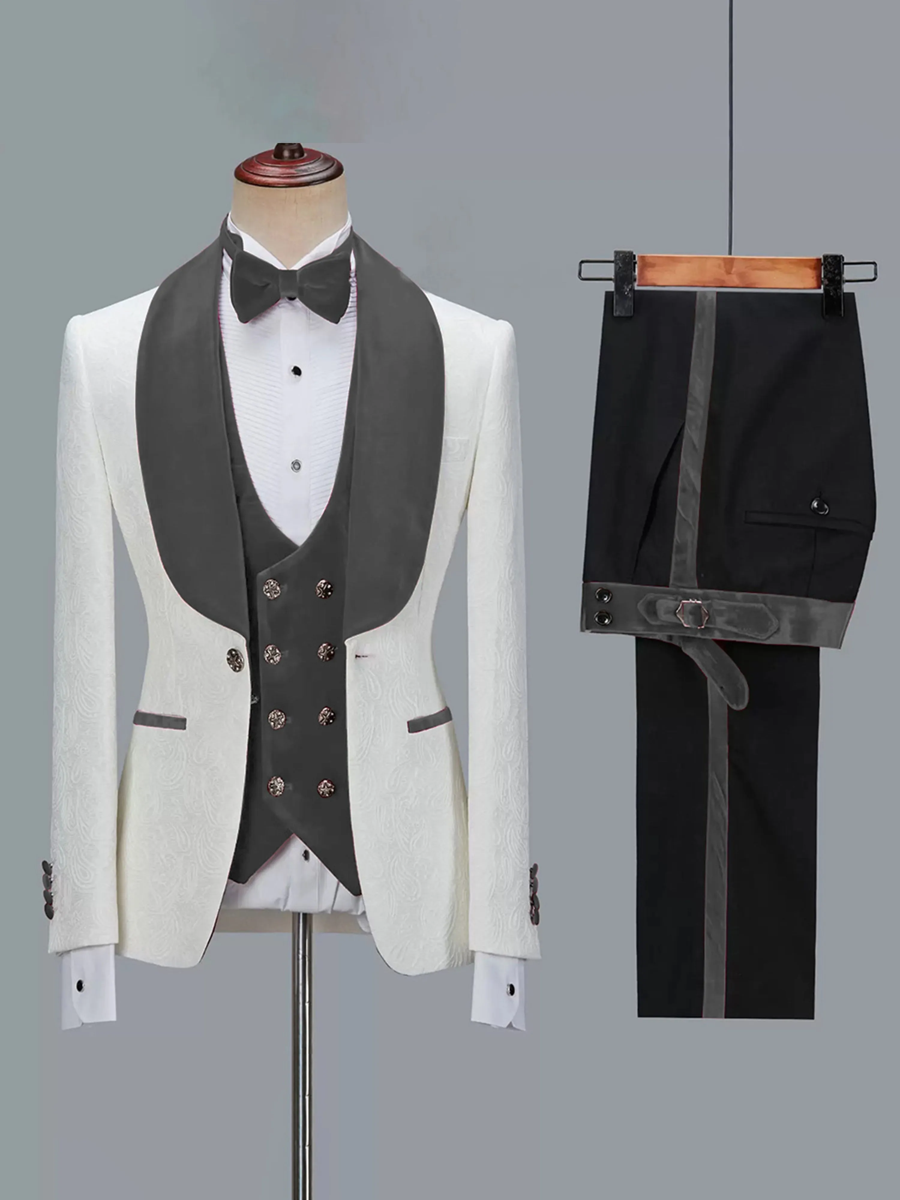 Hot sale 3 Piece Men's Jacquard Suit with Shawl Collar