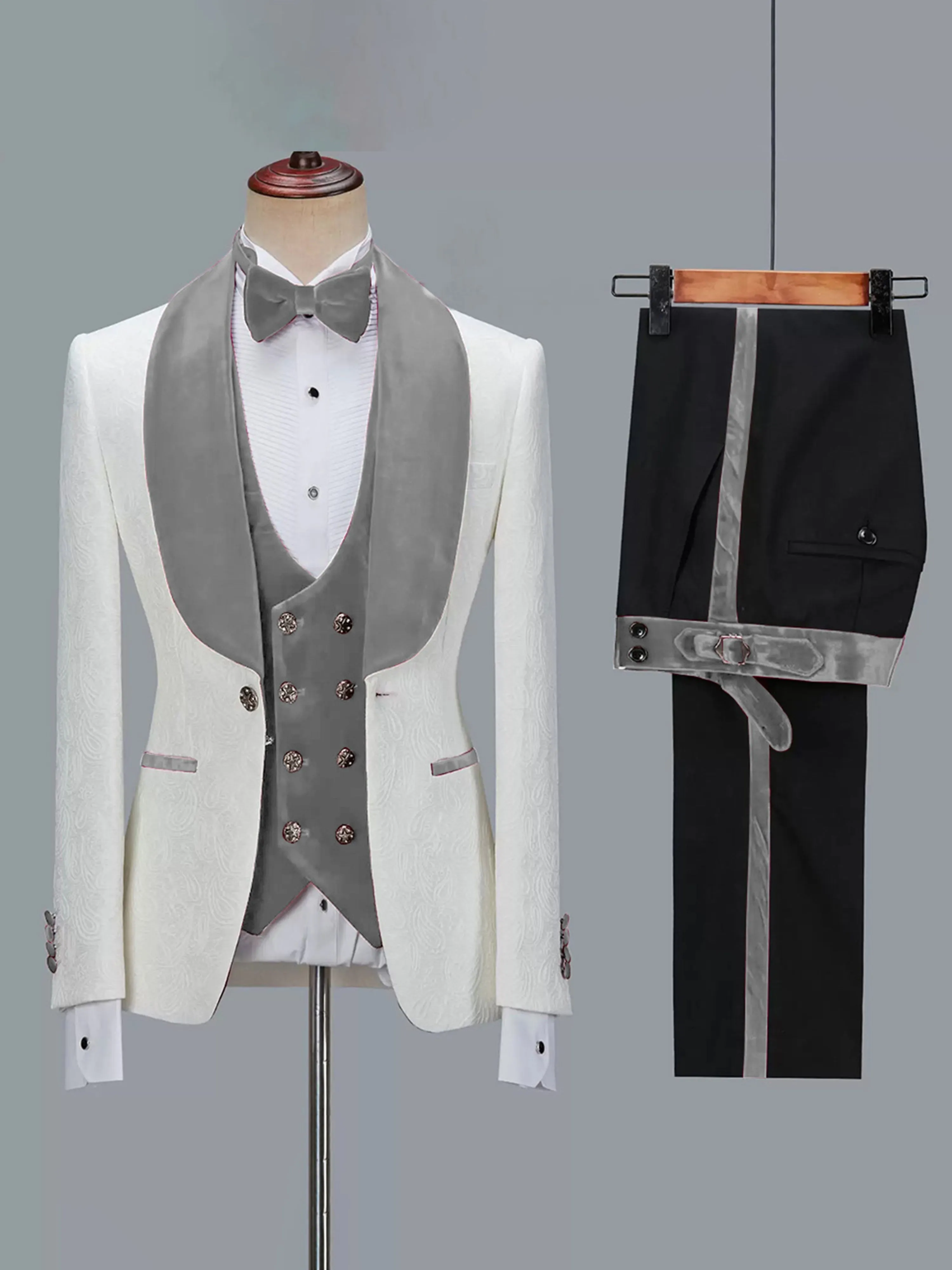 Hot sale 3 Piece Men's Jacquard Suit with Shawl Collar