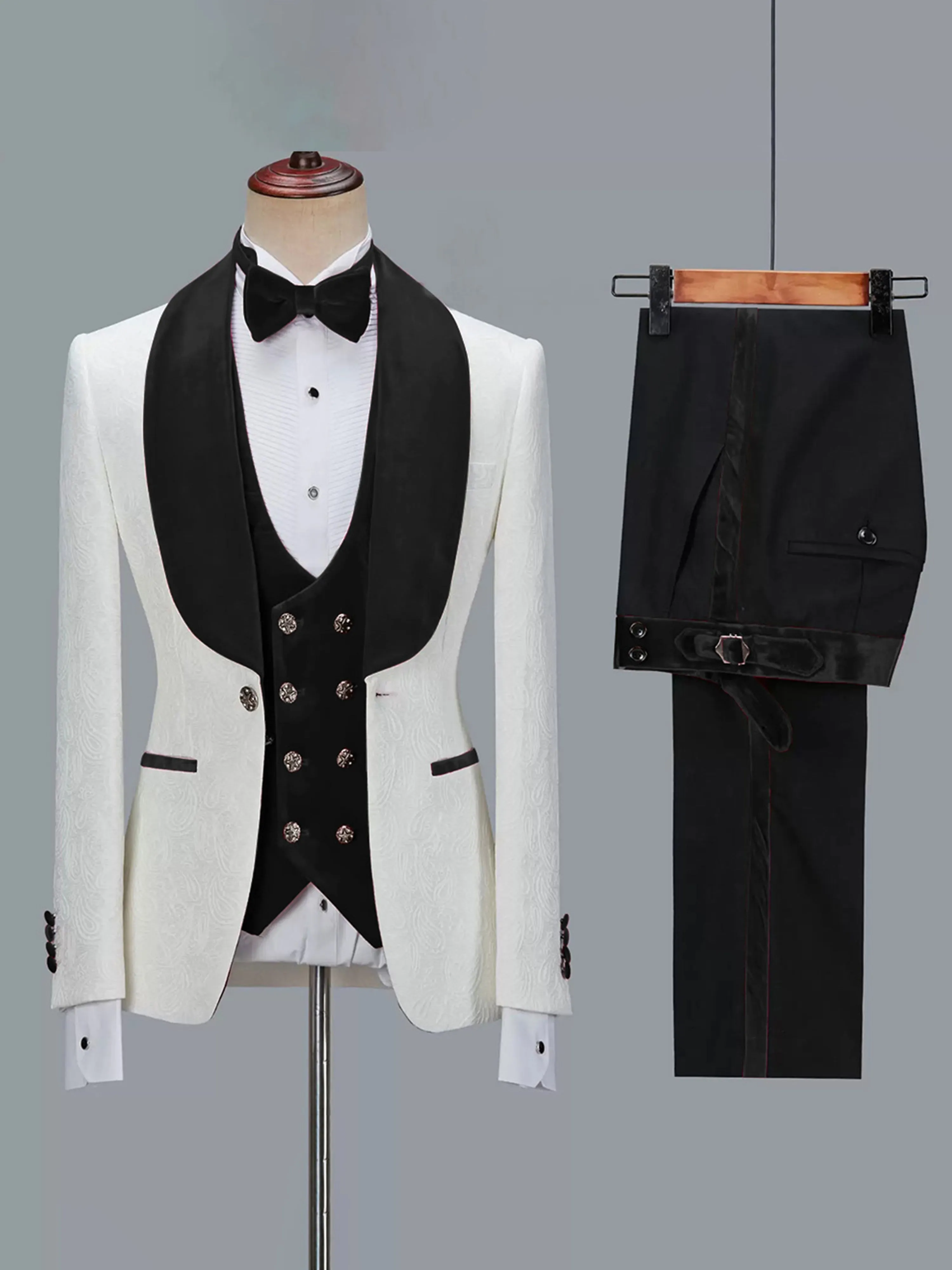 Hot sale 3 Piece Men's Jacquard Suit with Shawl Collar