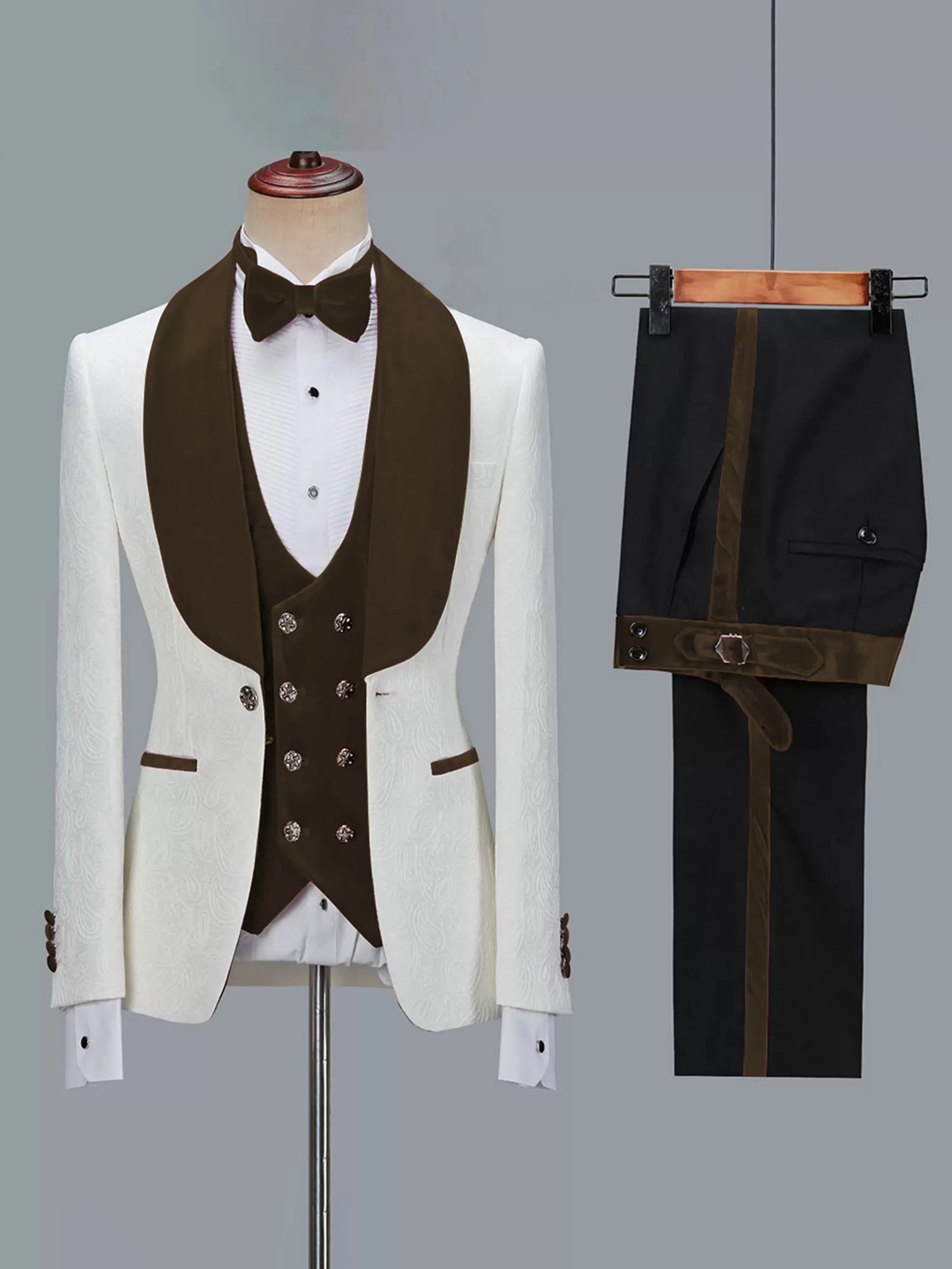 Hot sale 3 Piece Men's Jacquard Suit with Shawl Collar
