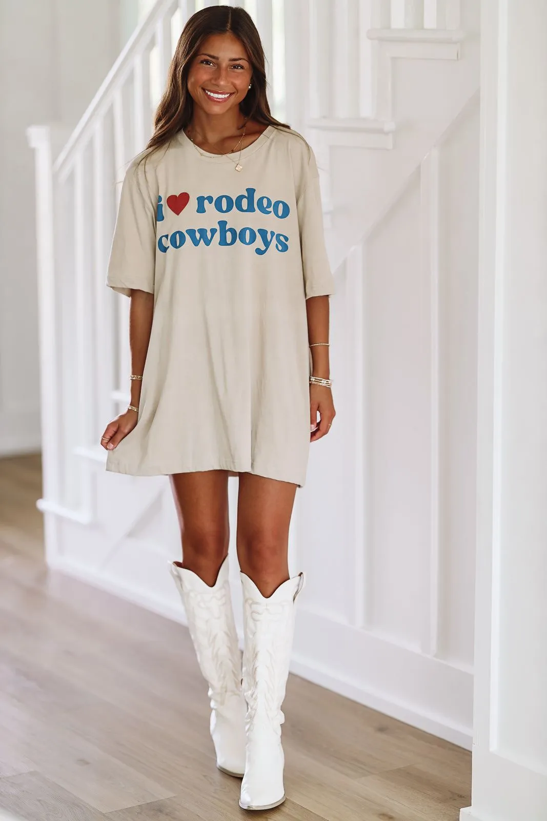 I Love Rodeo Cowboys Graphic T-shirt Dress or Tee - Tan
