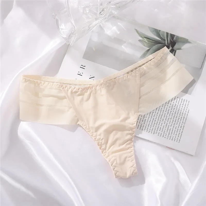 Ice Silk No Trace Low Waist Panties Sexy Striped Lace Trim Thongs
