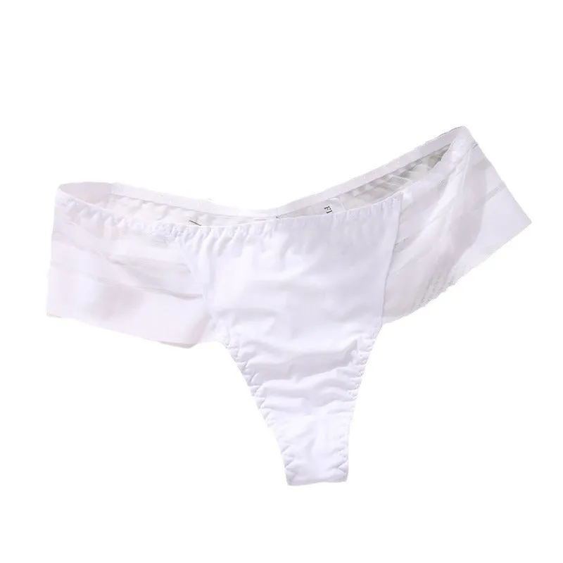 Ice Silk No Trace Low Waist Panties Sexy Striped Lace Trim Thongs