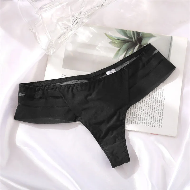 Ice Silk No Trace Low Waist Panties Sexy Striped Lace Trim Thongs