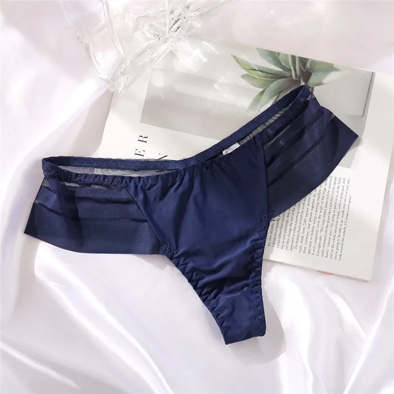 Ice Silk No Trace Low Waist Panties Sexy Striped Lace Trim Thongs