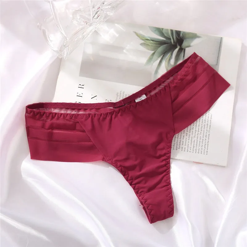 Ice Silk No Trace Low Waist Panties Sexy Striped Lace Trim Thongs