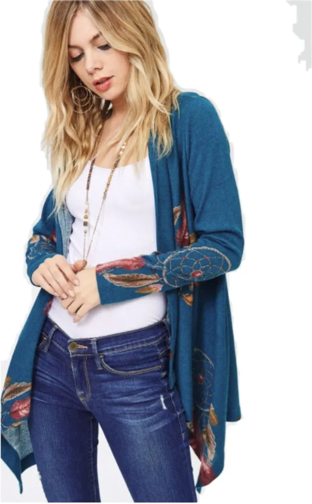 Indian Feather Knit Open Front Cardigan