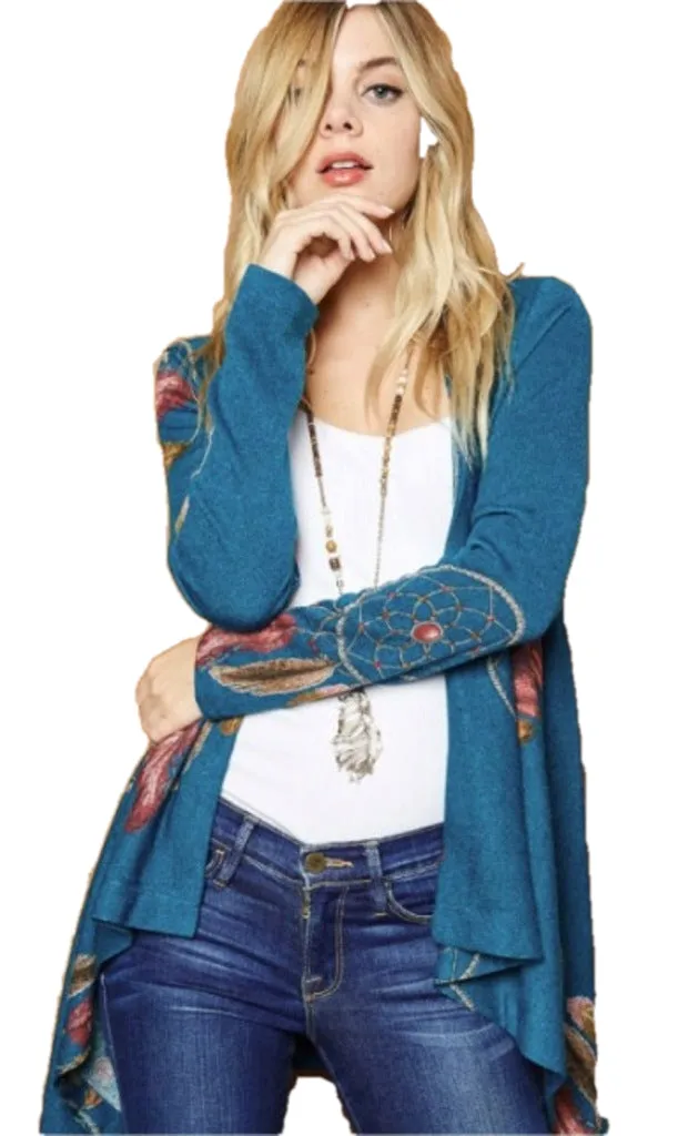Indian Feather Knit Open Front Cardigan