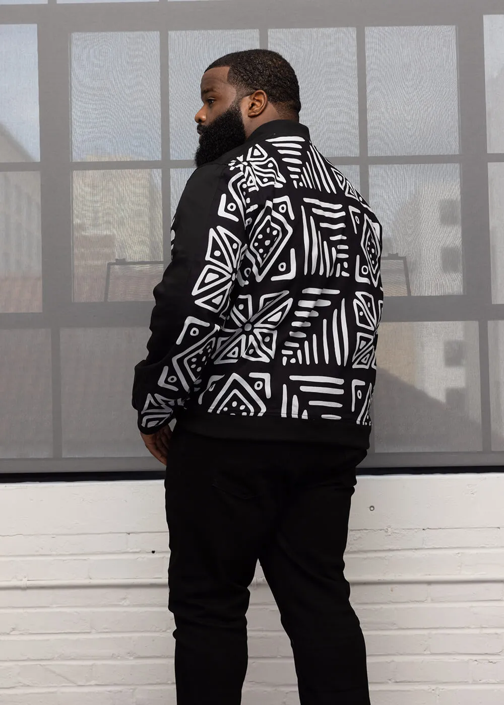Ise Men's African Print Reversible Bomber Jacket (Grayscale Tribal)