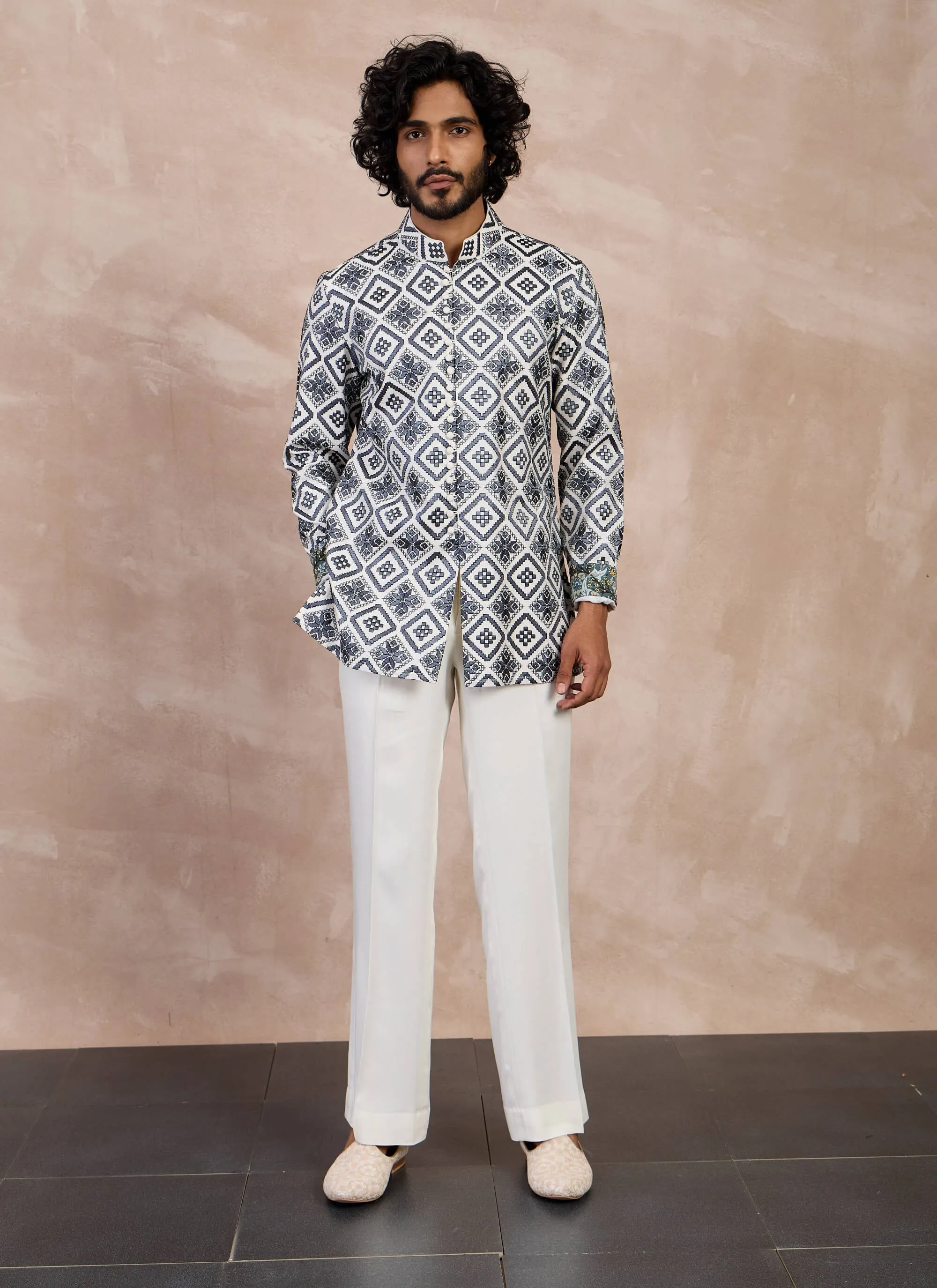 Ivory and charcoal dice front button kurta set
