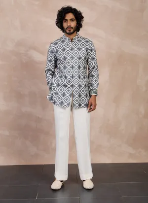 Ivory and charcoal dice front button kurta set