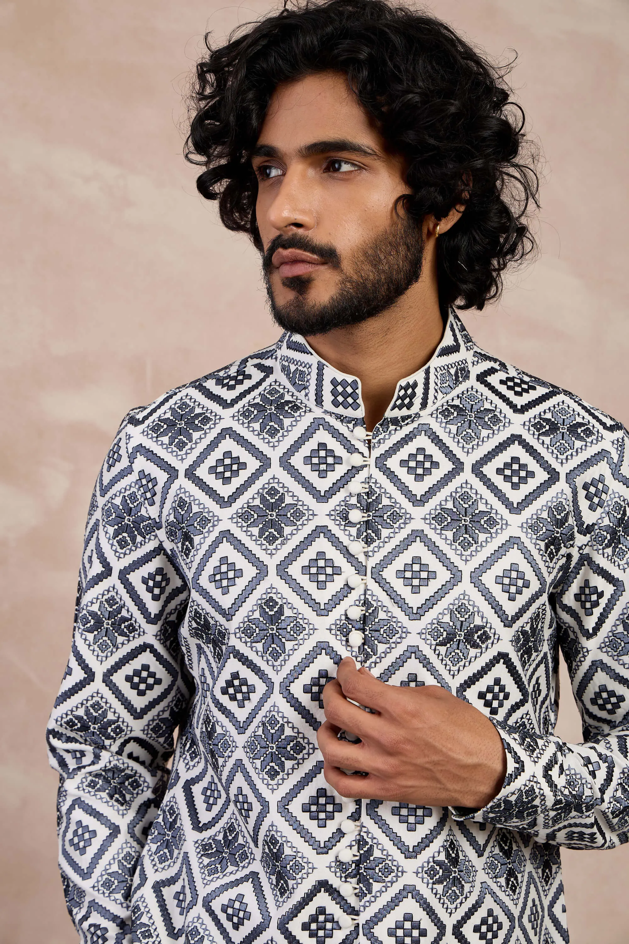 Ivory and charcoal dice front button kurta set