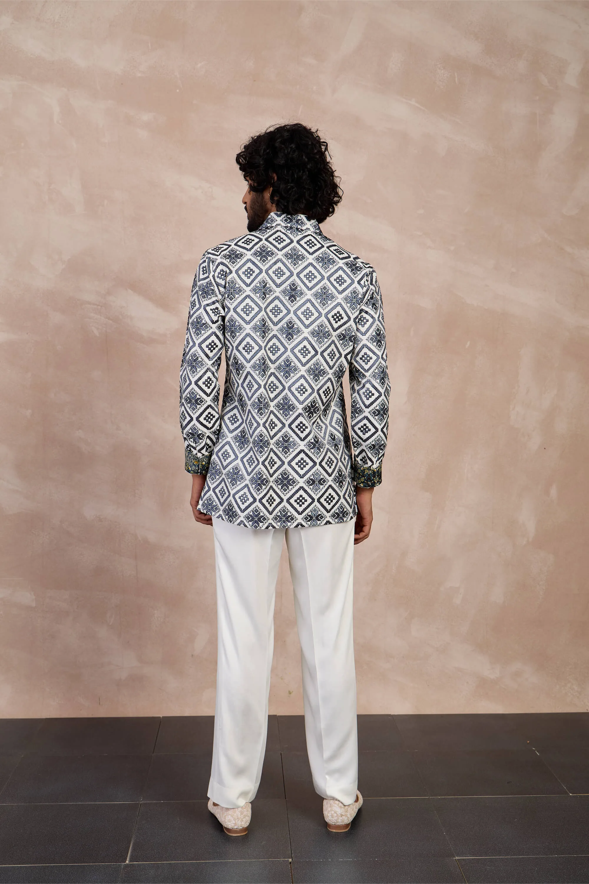 Ivory and charcoal dice front button kurta set