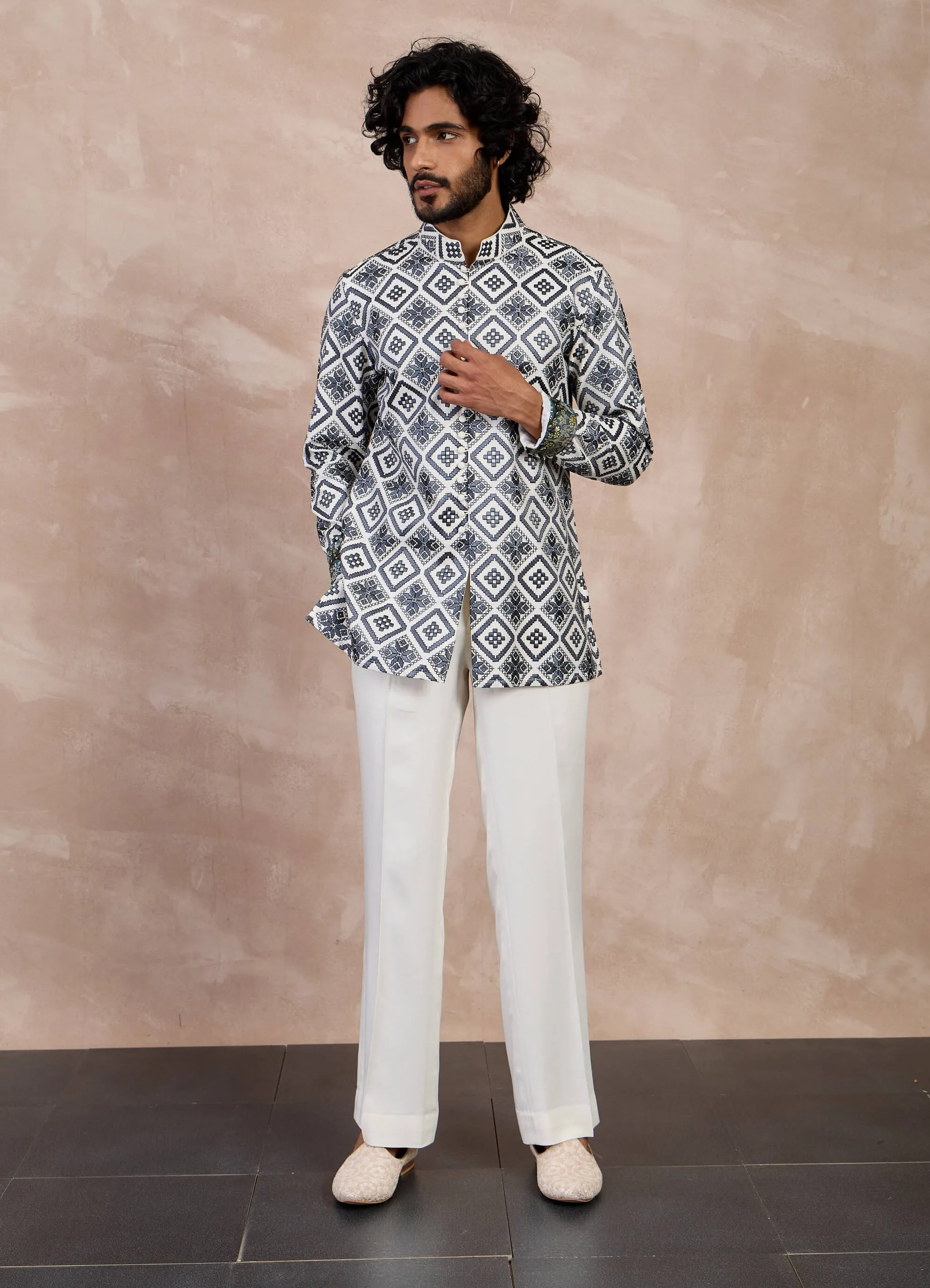 Ivory and charcoal dice front button kurta set