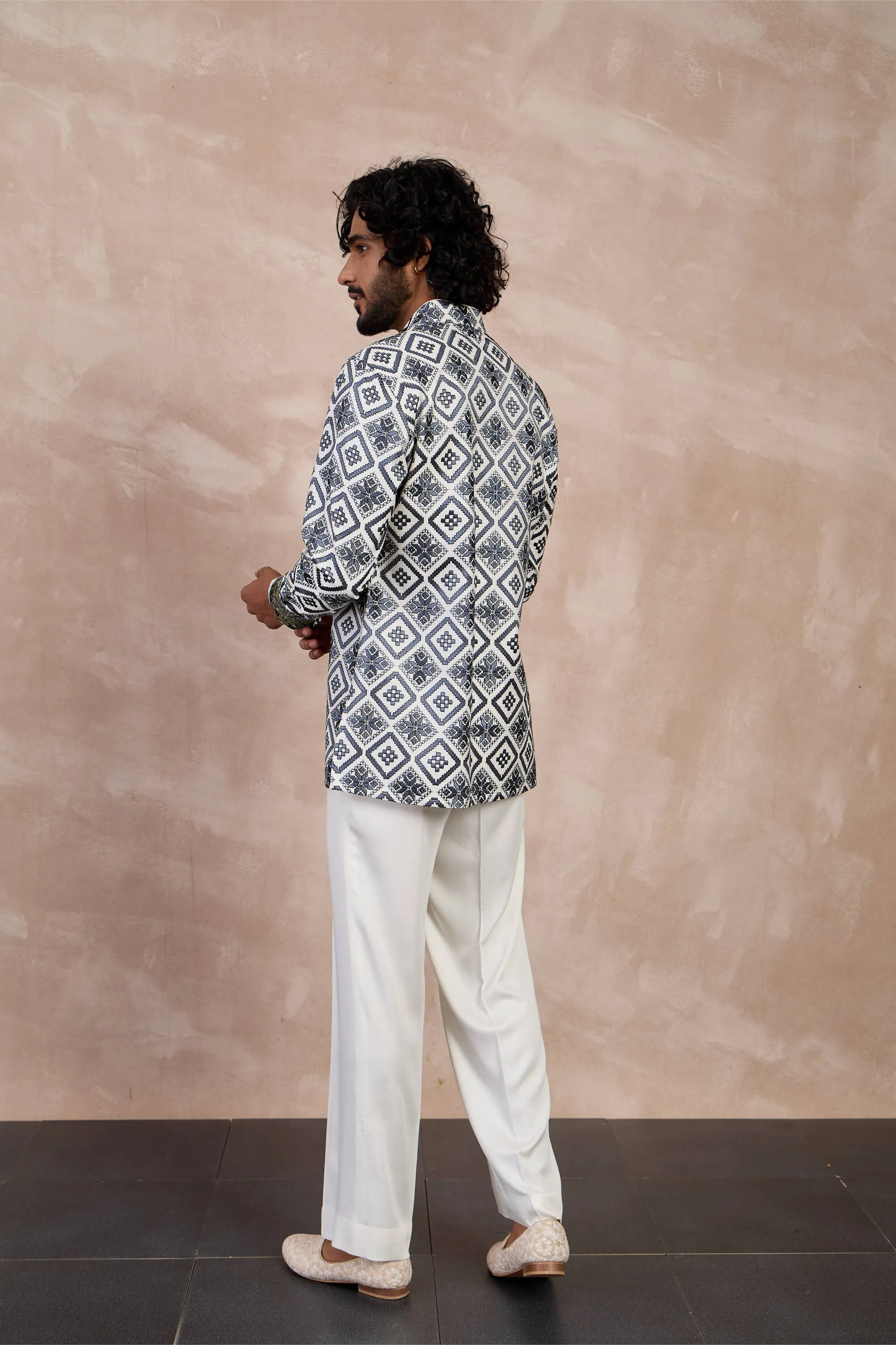 Ivory and charcoal dice front button kurta set