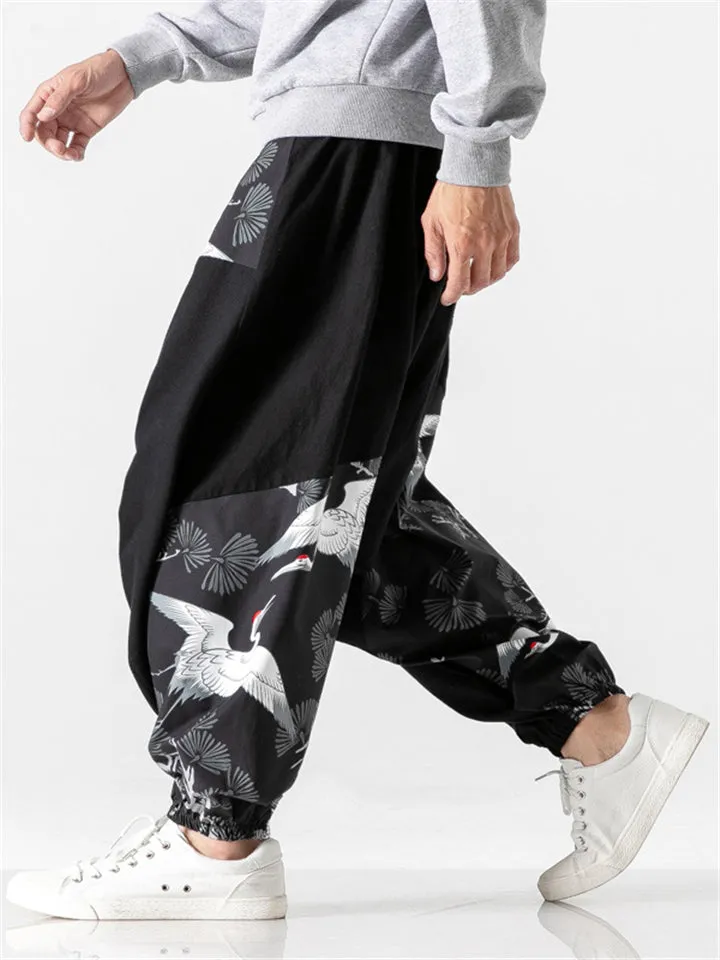 Japanese High Street Cranes Printed Loose Pants for Men