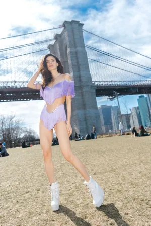 Lila Lilac Fringed Bodysuit Dress