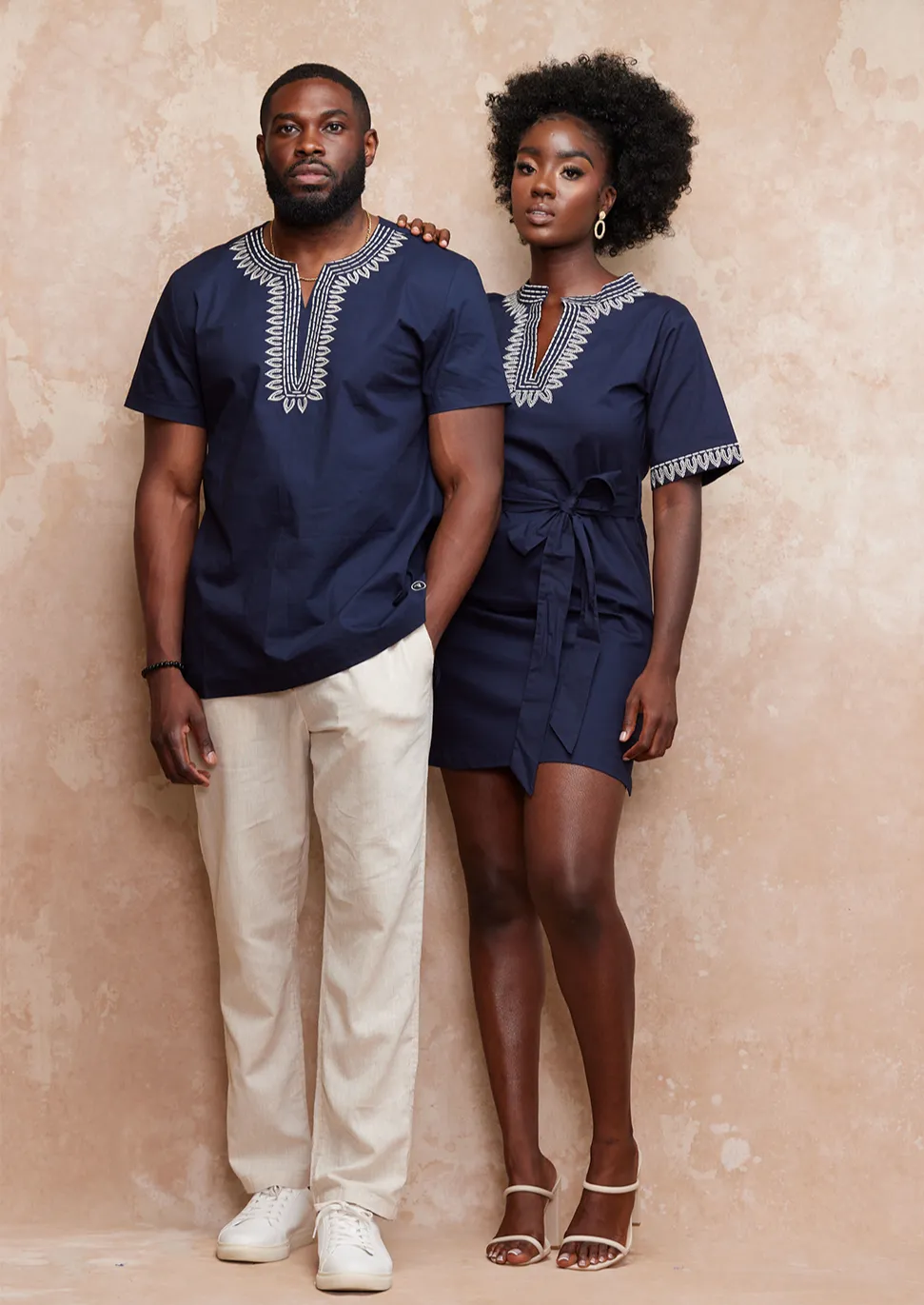 Lubanzi Men's Embroidered Tunic Shirt (Navy/Tan) - Clearance