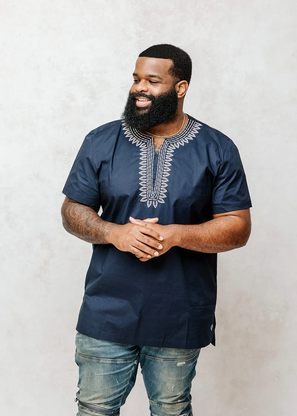Lubanzi Men's Embroidered Tunic Shirt (Navy/Tan) - Clearance