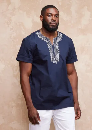 Lubanzi Men's Embroidered Tunic Shirt (Navy/Tan) - Clearance