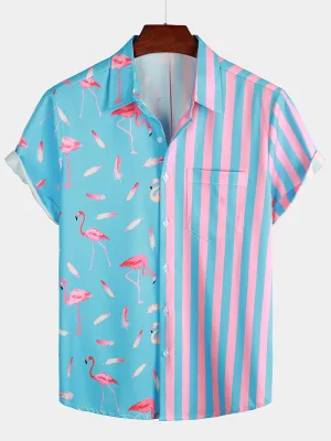 Men's Flamingo & Striped Patchwork Pocket Short Sleeve Shirt
