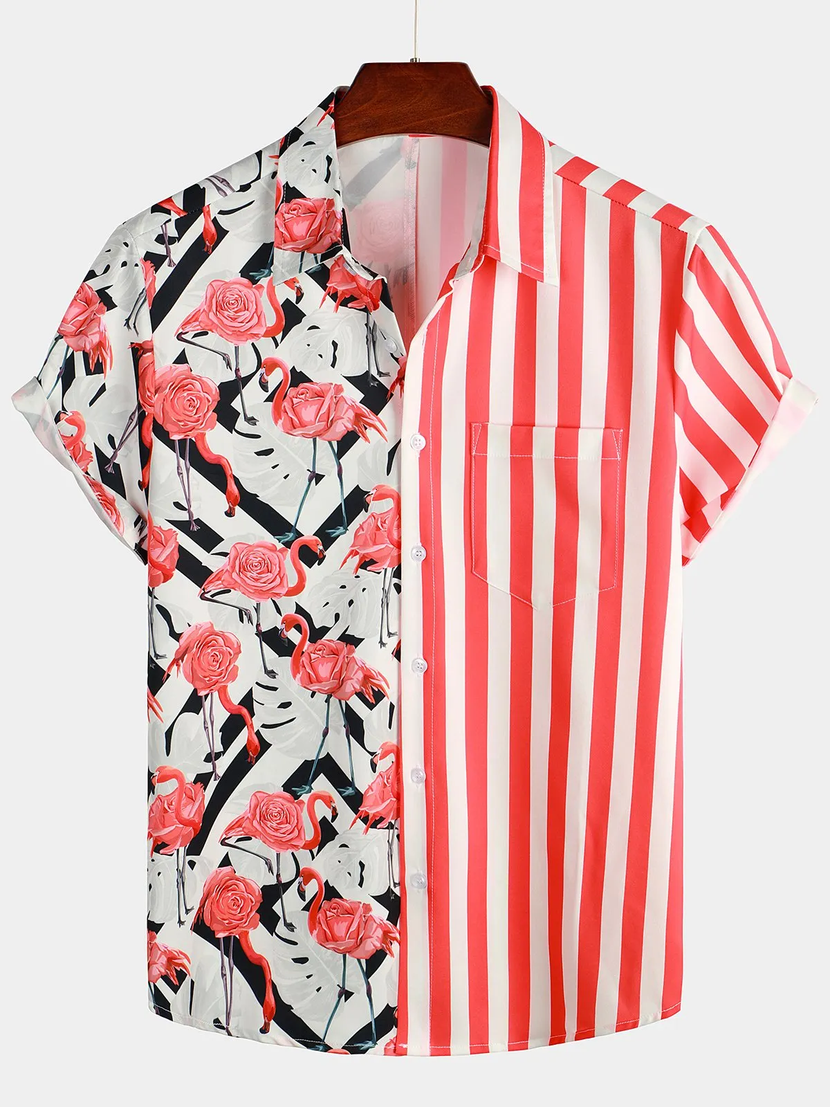 Men's Flamingo & Striped Patchwork Pocket Short Sleeve Shirt