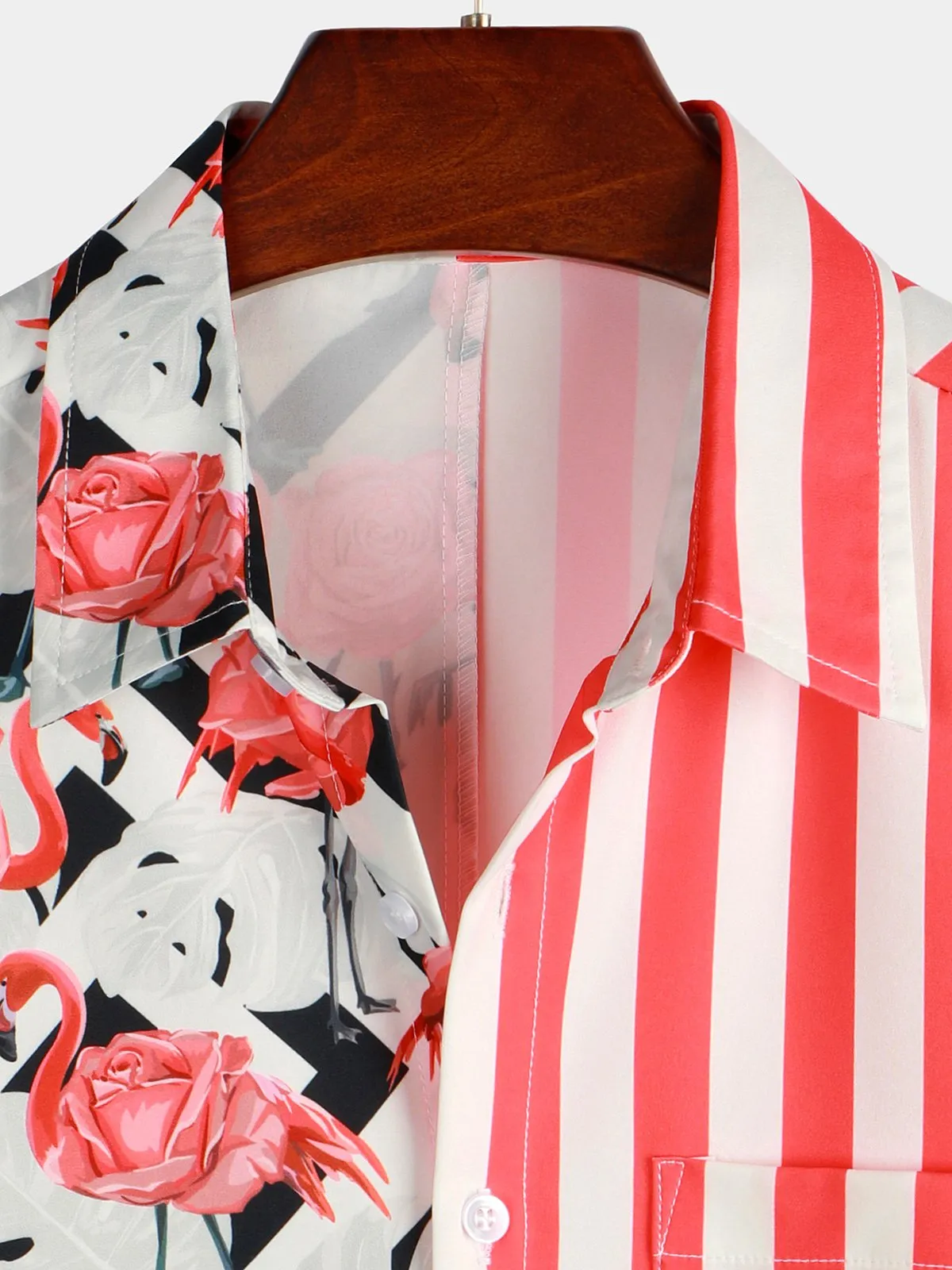 Men's Flamingo & Striped Patchwork Pocket Short Sleeve Shirt