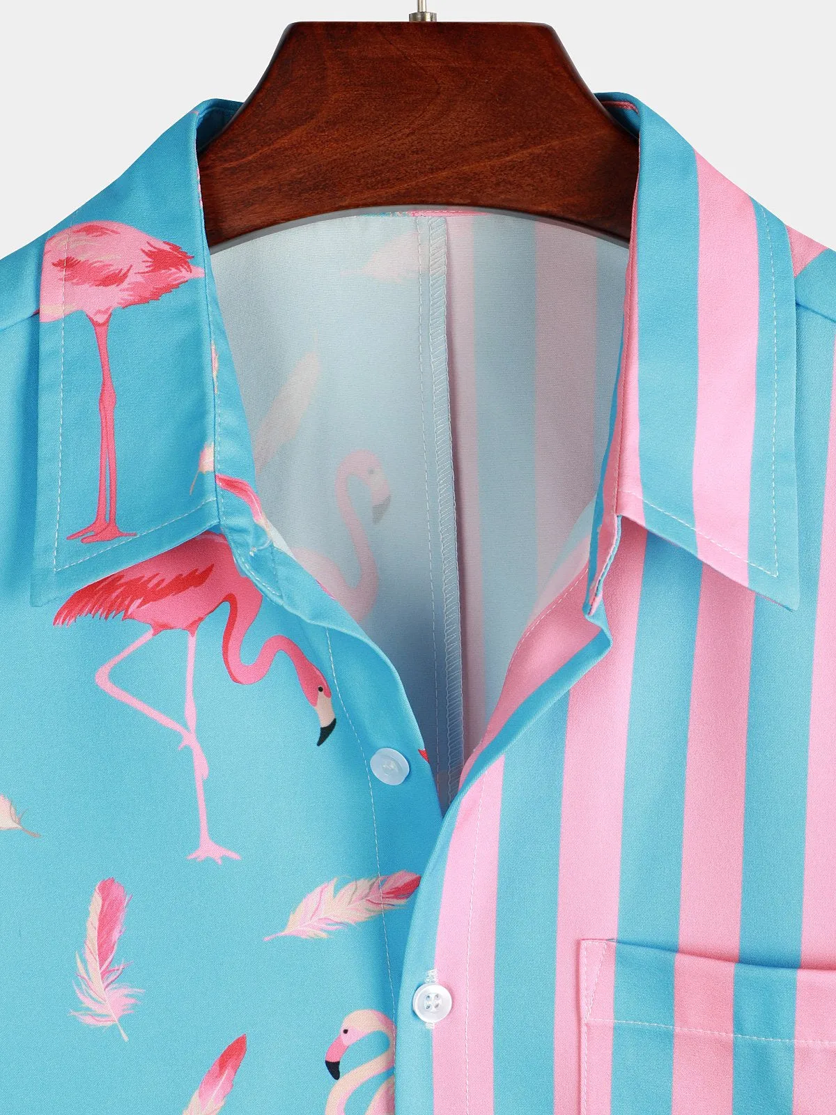 Men's Flamingo & Striped Patchwork Pocket Short Sleeve Shirt