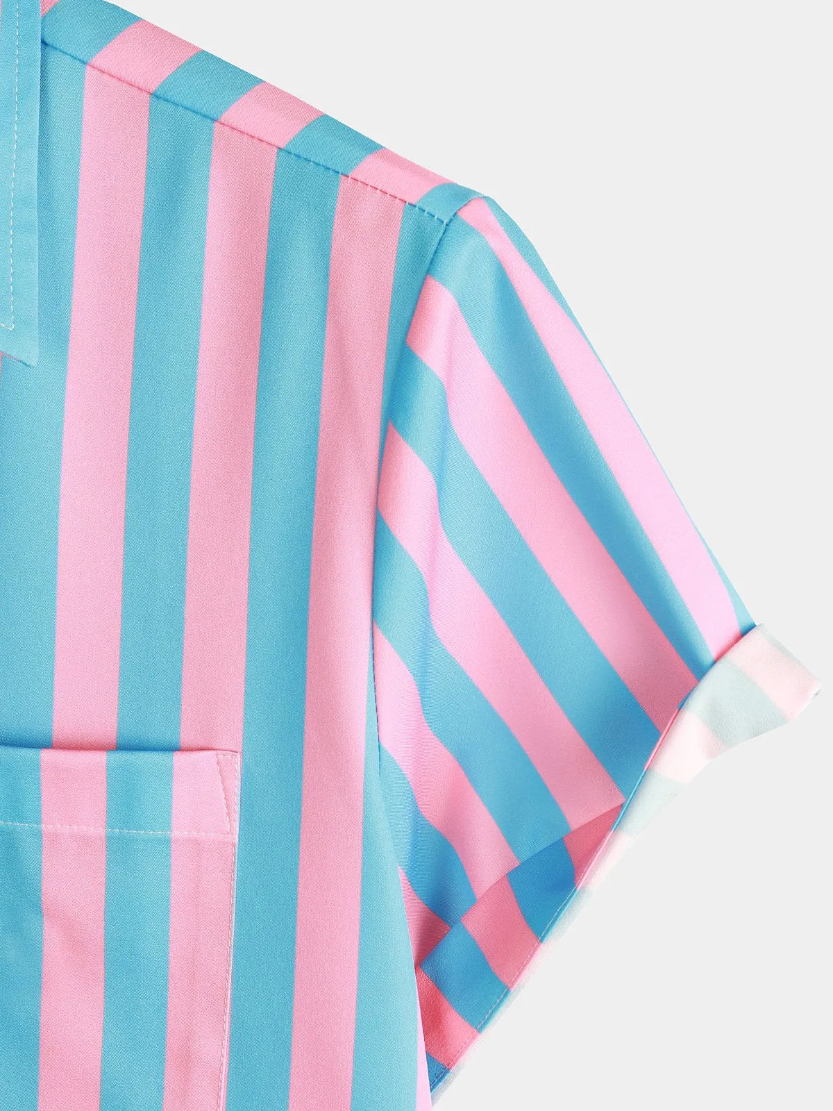 Men's Flamingo & Striped Patchwork Pocket Short Sleeve Shirt
