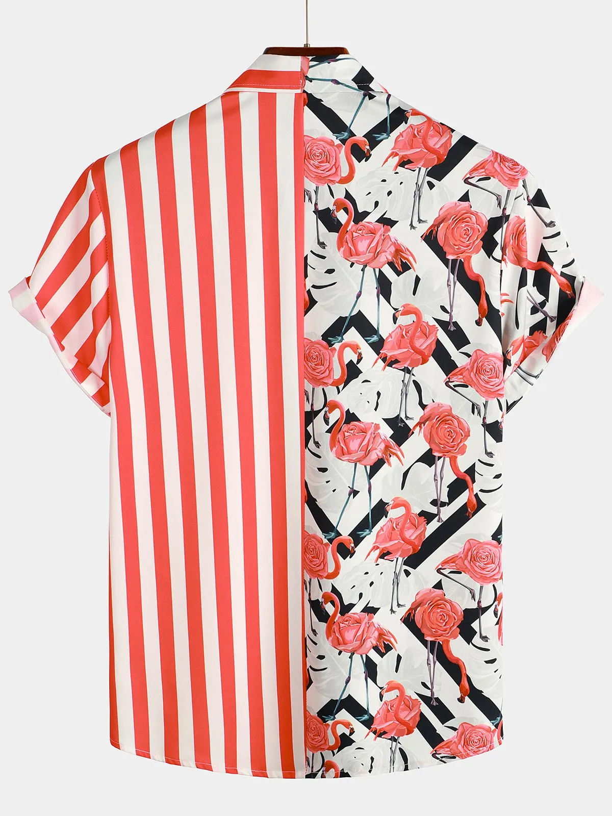Men's Flamingo & Striped Patchwork Pocket Short Sleeve Shirt