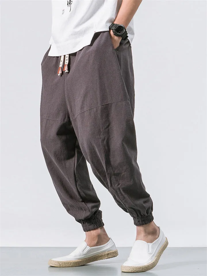 Men's Japanese Streetwear Drawstring Waist Linen Pants