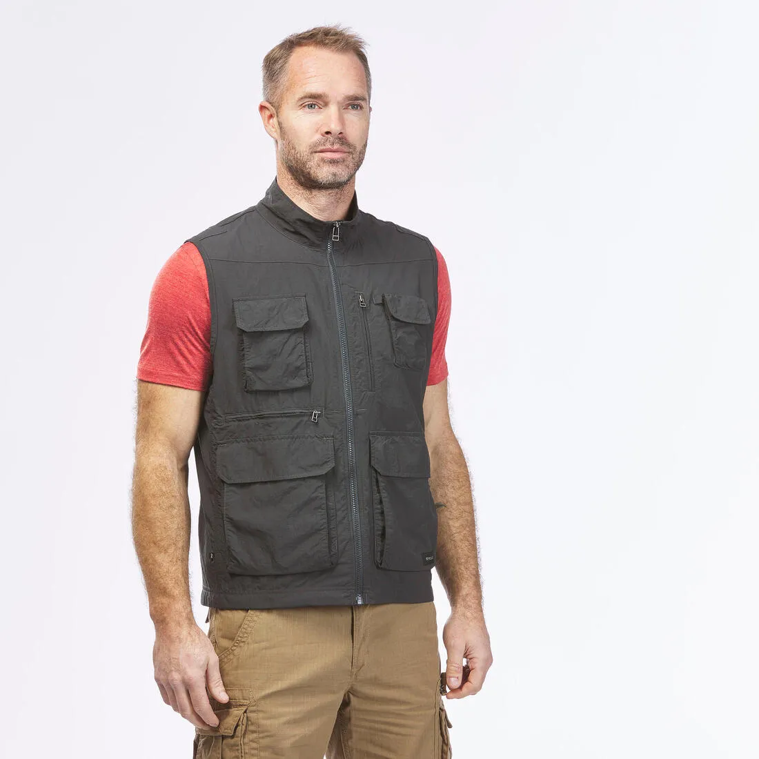 Men's Multi-pocket Travel Trekking Gilet - TRAVEL 100 - Grey