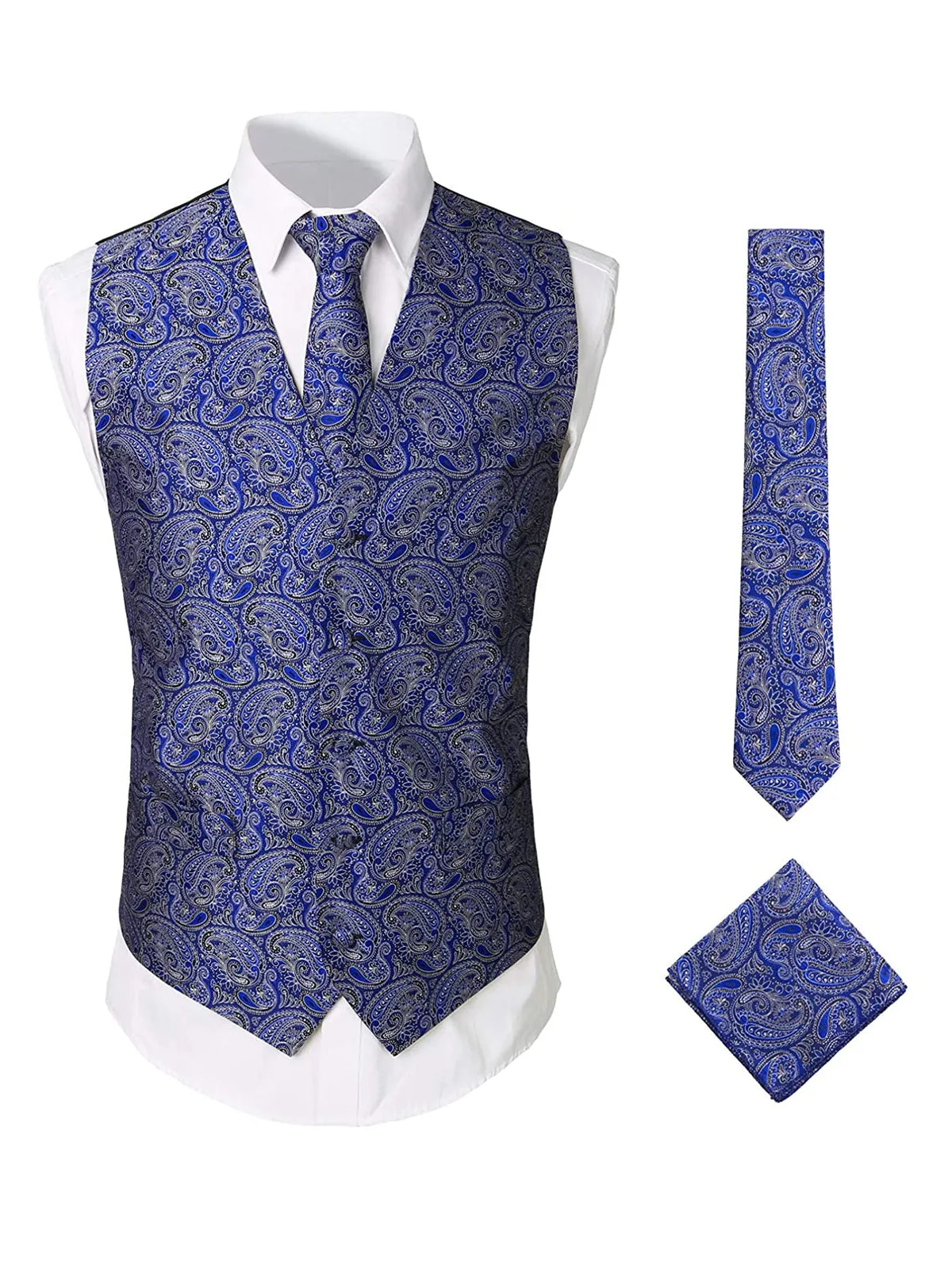 Men's Paisley Vest Necktie Square Pocket Handkerchief Set for Suit or Tuxedo