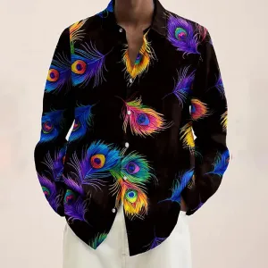 Men's Rainbow Peacock Feather Print Casual Vacation Long Sleeve Shirt 2411009245