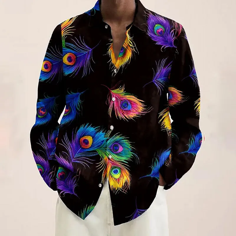 Men's Rainbow Peacock Feather Print Casual Vacation Long Sleeve Shirt 2411009245