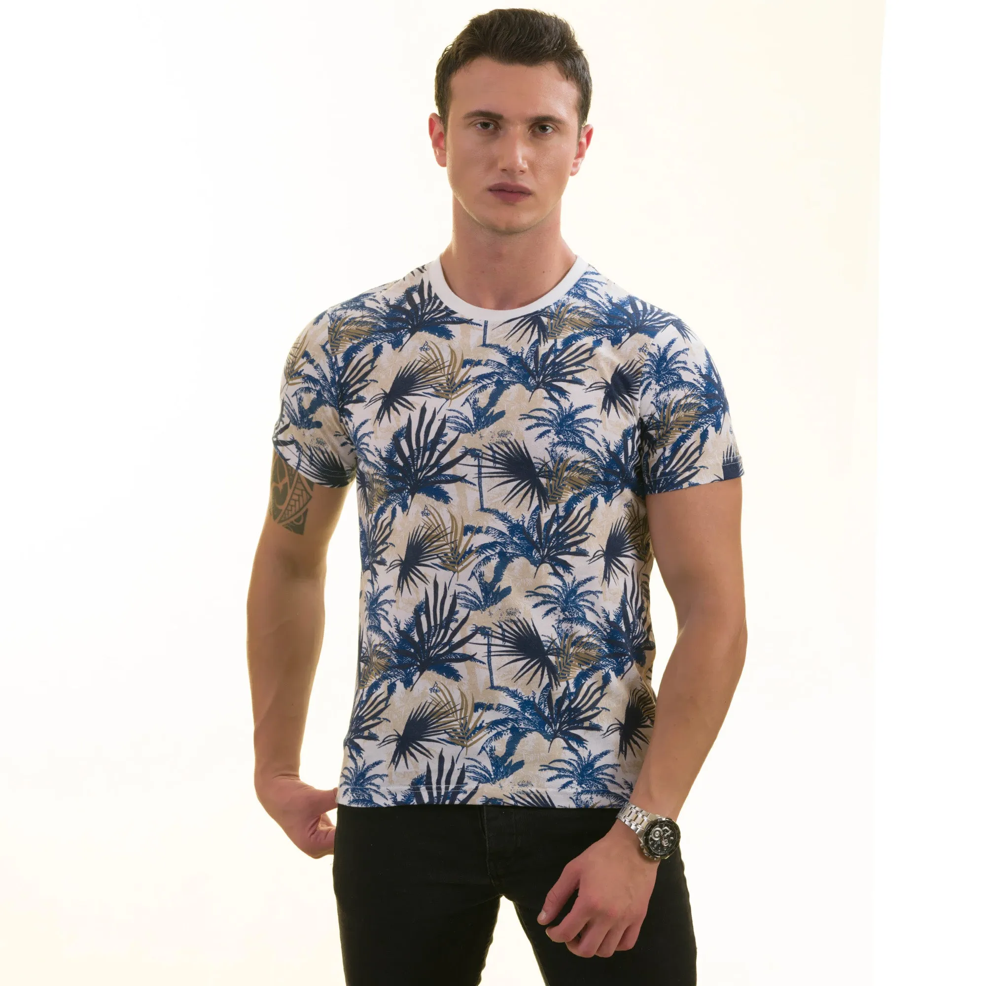 Navy and Beige Hawaiian European Made Premium Quality T-Shirt - Crew Neck Short Sleeve T-Shirts