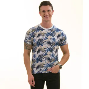 Navy and Beige Hawaiian European Made Premium Quality T-Shirt - Crew Neck Short Sleeve T-Shirts