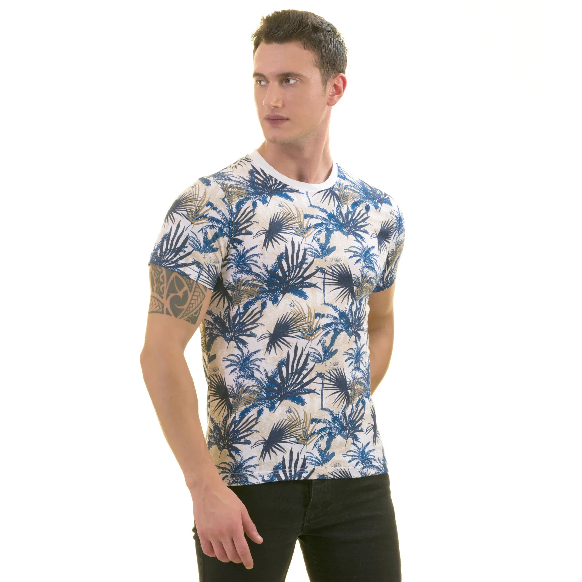 Navy and Beige Hawaiian European Made Premium Quality T-Shirt - Crew Neck Short Sleeve T-Shirts