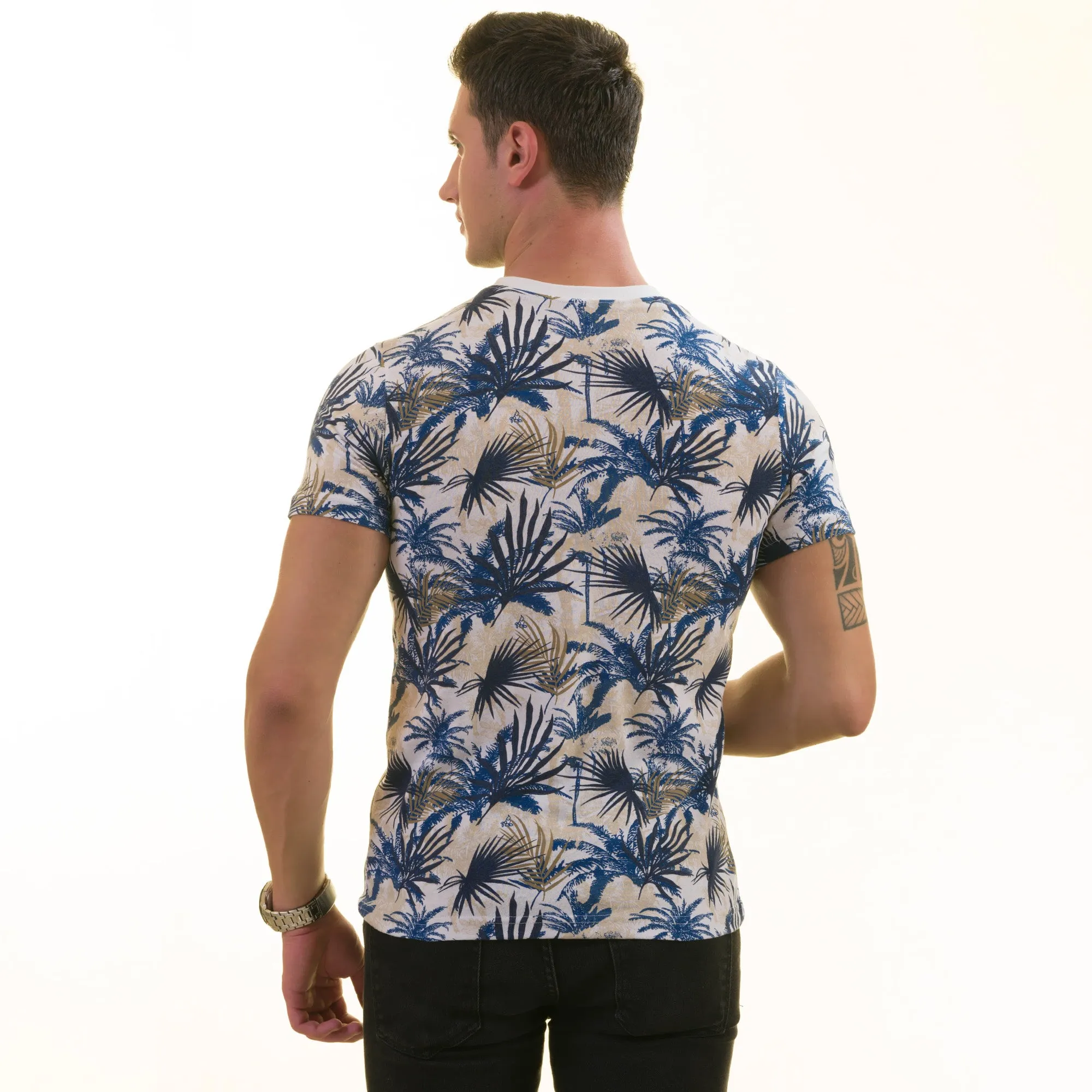 Navy and Beige Hawaiian European Made Premium Quality T-Shirt - Crew Neck Short Sleeve T-Shirts