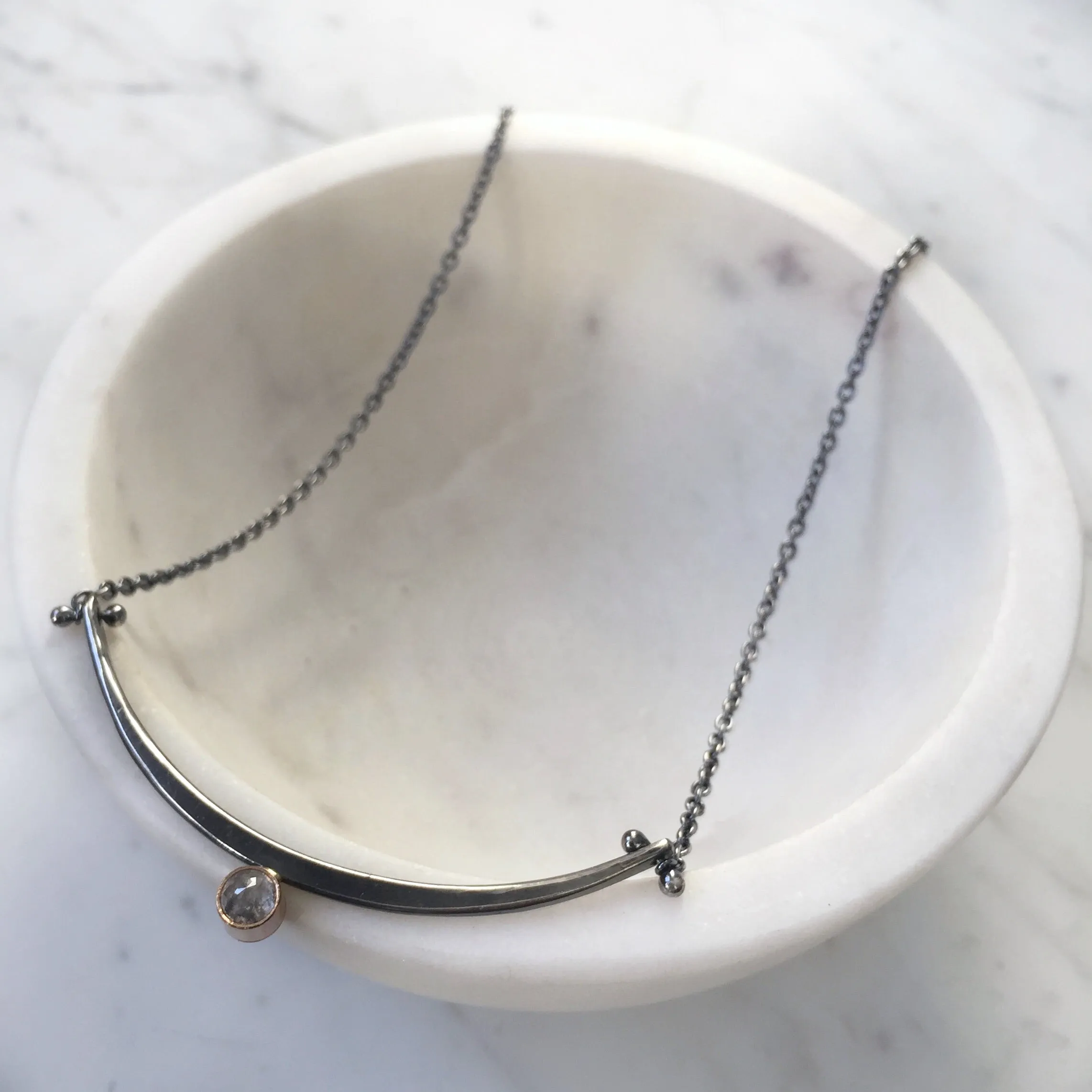 One of a kind Arc necklace with rose cut salt and pepper diamond
