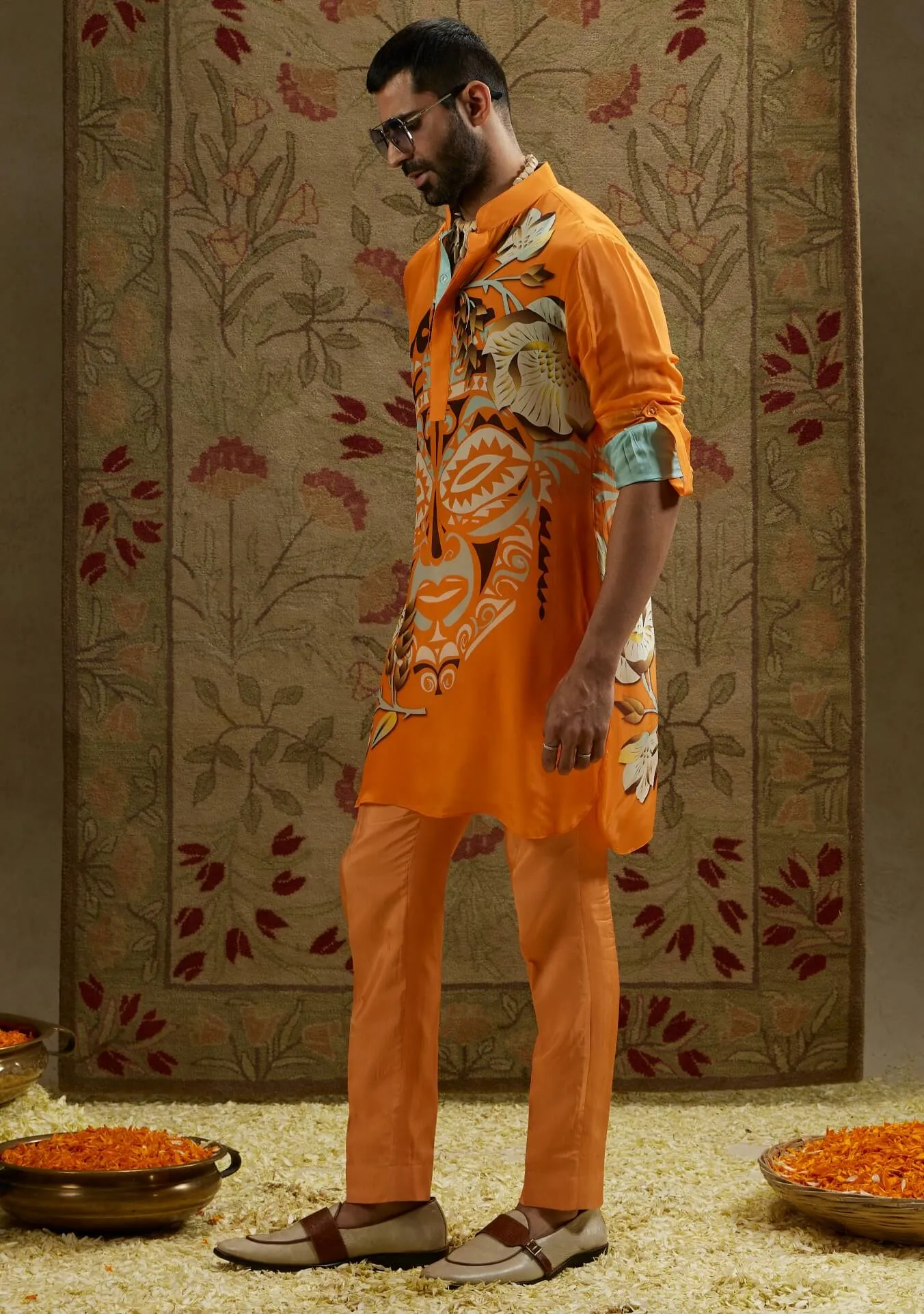 Orange mask print kurta