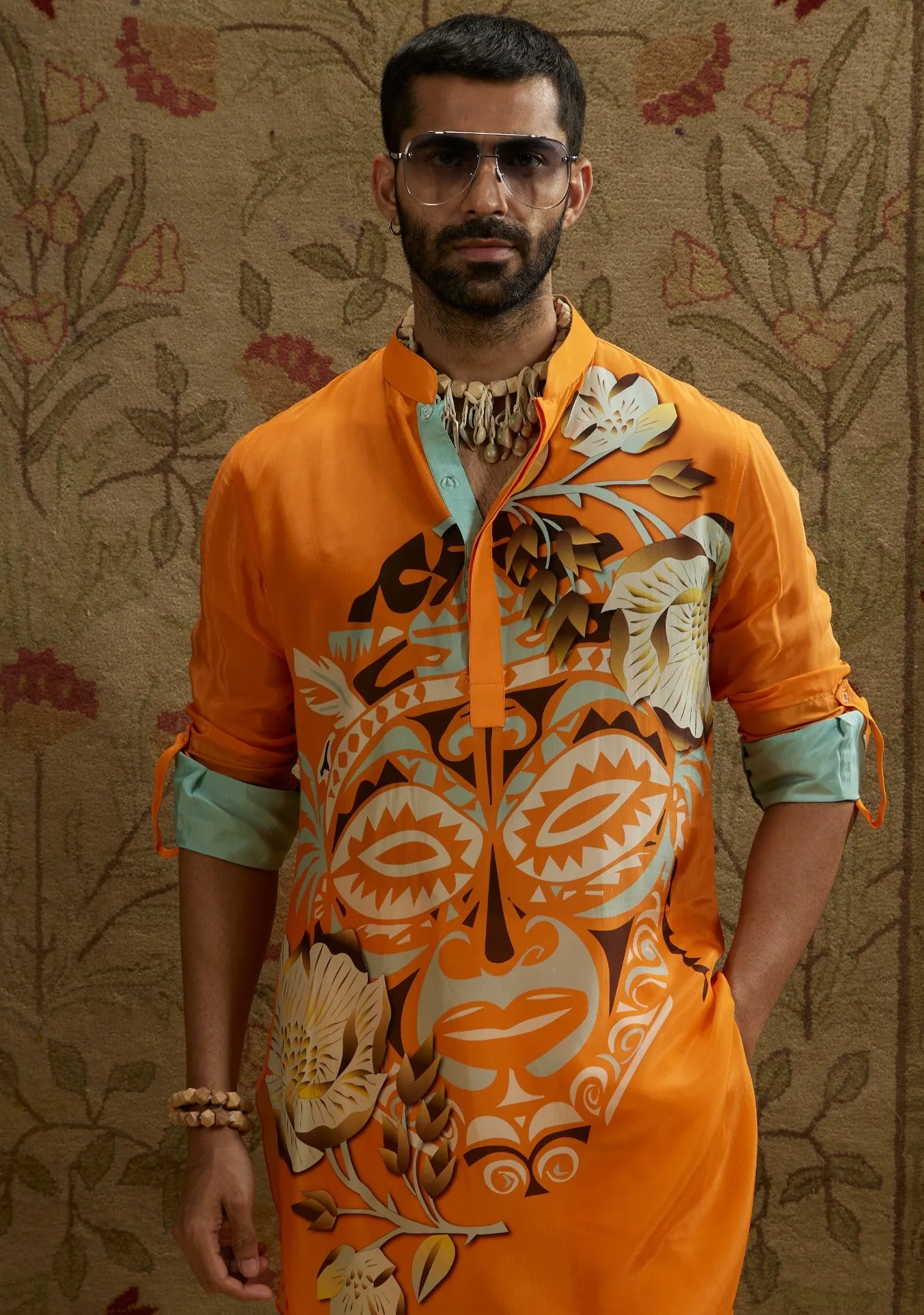 Orange mask print kurta