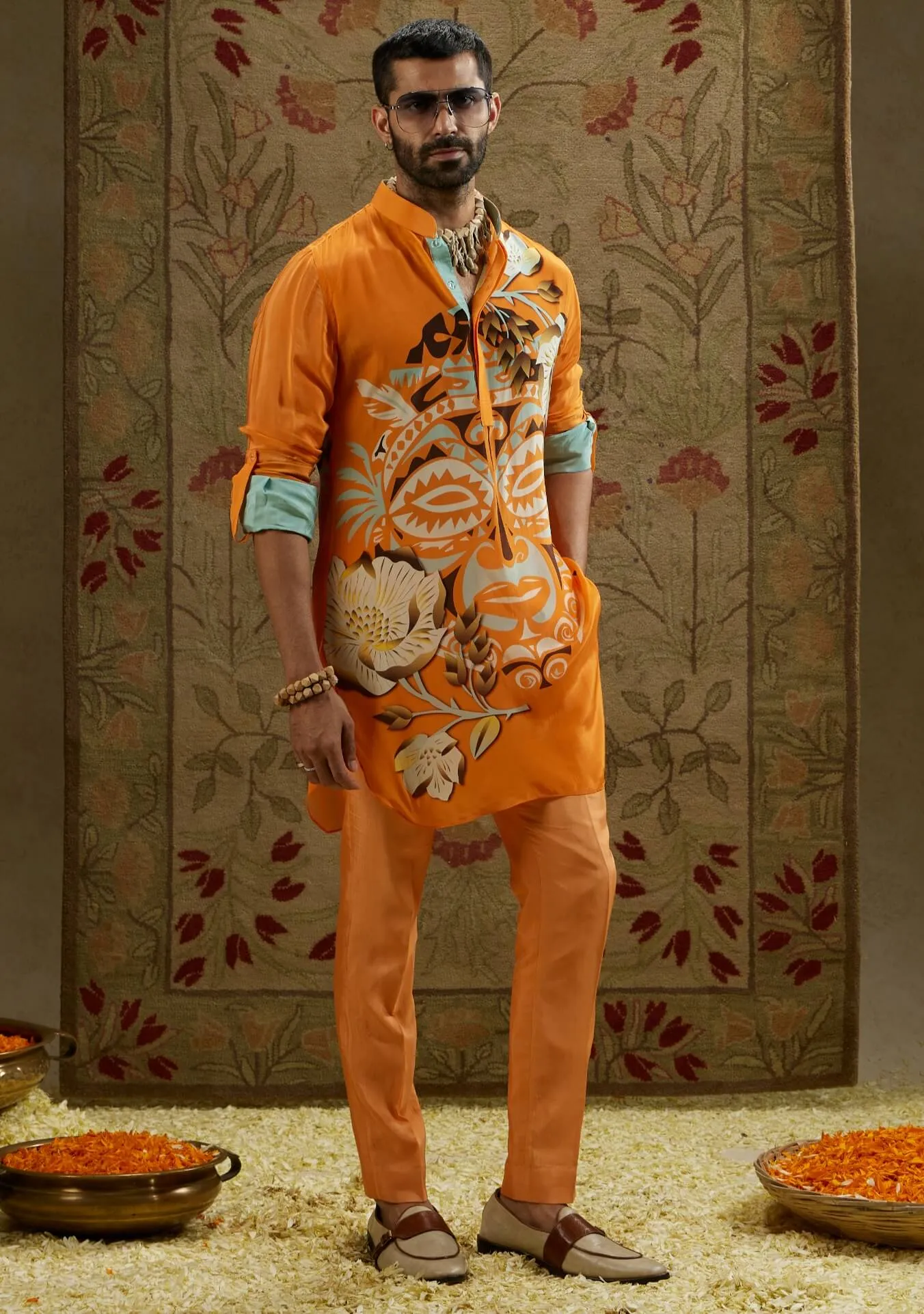 Orange mask print kurta